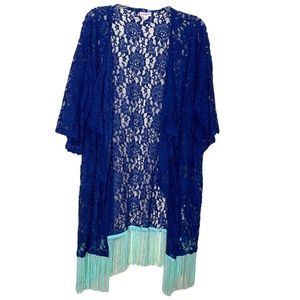LulaRoe Blue Lace Fringe Kimono Cardigan